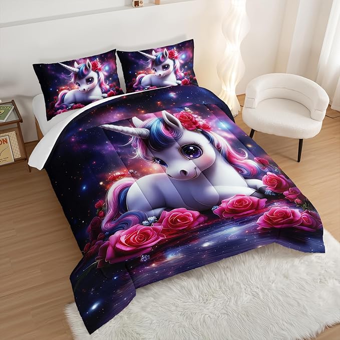 Girls Unicorn Queen Size Bedding Set,Red Rose Flowers Comforter Set for Kids Teens Room Decor,Romantic Starry Sky Galaxy Cute Bedding Sets with 2 Pillowcases.