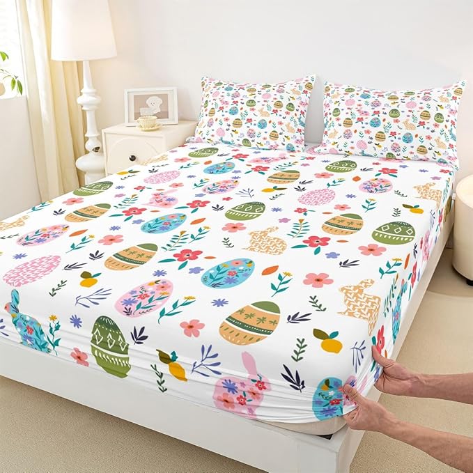 Happy Easter Fitted Sheet Twin Size Easter Egg Cute Rabbit Bedding Set for Kids Bedroom Floral Spring Flowers Bed Sheet Set 2pcs Colorful Deep Pocket Mattress Cover,No Top Flat