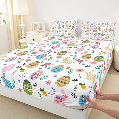 Happy Easter Fitted Sheet Full Size Easter Egg Cute Rabbit Bedding Set for Kids Bedroom Floral Spring Flowers Bed Sheet Set 3pcs Colorful Deep Pocket Mattress Cover,No Top Flat