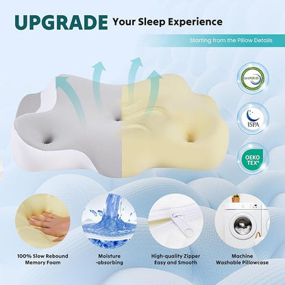 Sweetcrispy Cervical Pillow for Neck and Shoulder,Contour Memory Foam Pillow,Ergonomic Neck Support Pillow for Side Back Stomach Sleepers with Pillowcase, Grey
