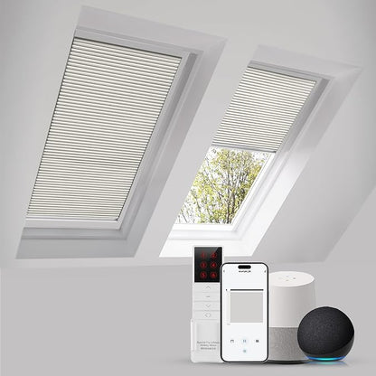 ZSTARR Motorized Skylight Shades Blackout Cellular Honeycomb Electric Blinds with Solar Panel Cordless Rechargeable with Remote for Roof and Slanted Windows Custom Size (Black Out Light Coffee)