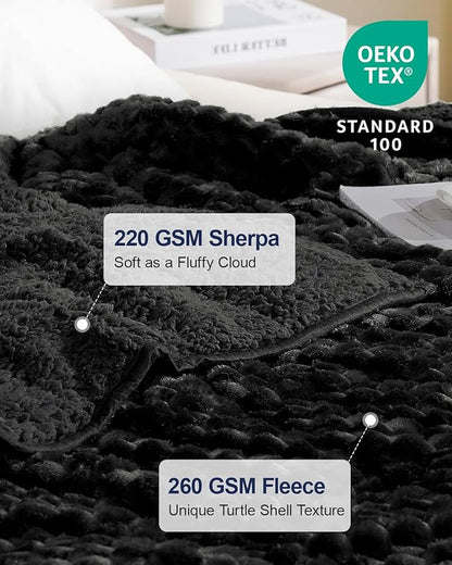 Super Soft Luxury Fleece Sherpa Weighted Blanket 15lbs for Adults, Turtle Shell Fluffy Cozy Warm Queen Size Weighted Throw, Ceramic Beads Washable Heavy Blankets for Couch Bed, Black, 60" x 80"