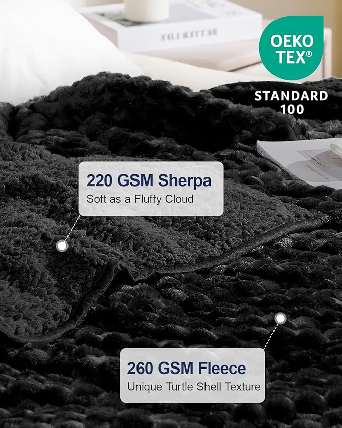 Super Soft Luxury Fleece Sherpa Weighted Blanket 15 lbs for Adults, Turtle Shell Fluffy Cozy Warm Twin Weighted Throw for Winter, Ceramic Beads Washable Heavy Blankets for Couch Bed, Black, 48" x 72"