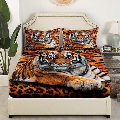 Manfei Tiger 3D Print Sheet Set Queen Wild Animals Bedding Set for Kids Teens Room Decor,Animal Fur Soft Bed Sheet Set 4pcs with Deep Pocket Fitted Sheet + Flat Sheet + 2 Pillowcases