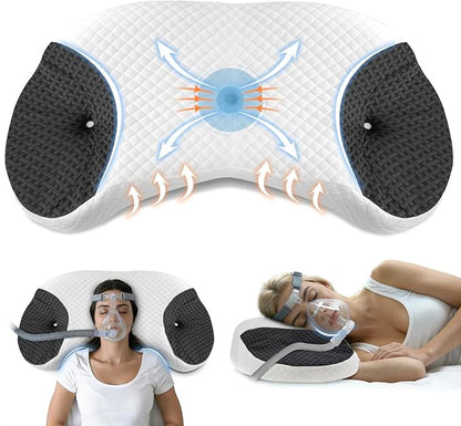 CPAP Pillow for Side & Back Sleepers - Mask Compatible Contour Design to Reduce Leaks, Breathable Memory Foam Pillow with Ergonomic Support & Hose-Friendly Cutouts for Comfortable Sleep, Black