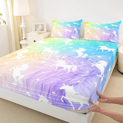 Unicorn Sheet Set Queen Animal Watercolor Bed Sheet Set 4pcs with Deep Pocket Fitted Sheet + Flat Sheet + 2 Pillowcases Rainbow Fantasy Princess Style Soft Bedding Set for Kids Teens Girls Room Decor