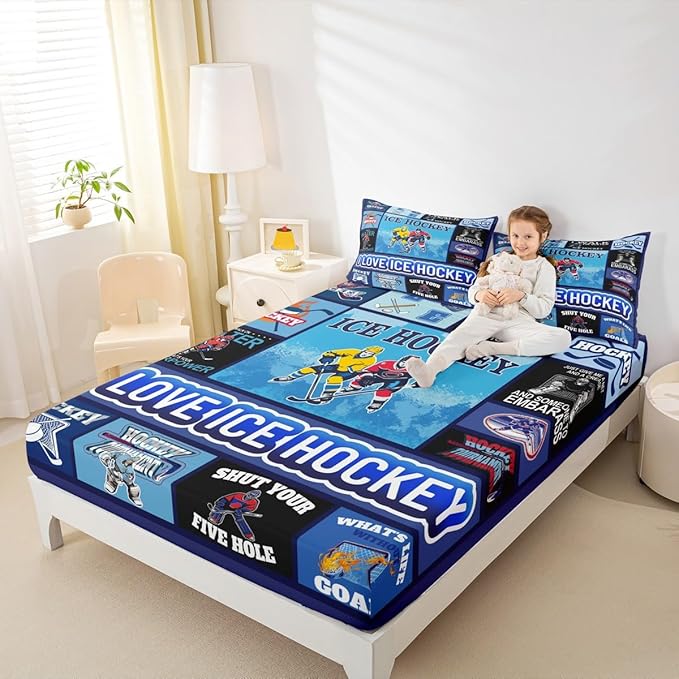 Manfei Hockey Puck Kids Sheet Queen Size, Easy Wash Bedding Set,Geometric Grid Patchwork Kids Room Decor,Blue Sheet(Fitted+Flat+2 Pillowcases)