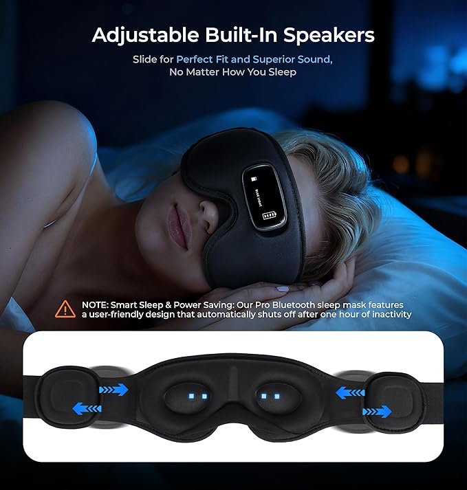 LC-dolida Pro Bluetooth Sleep Mask with White Noise & 3 Lights, Sleep Headphones with Upgrade Chip & Pure Sound, 3D Zero-Pressure Design for Side Sleepers, Total Blackout Soft Sleep Eye Mask, Black