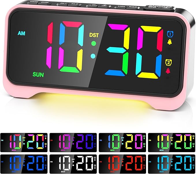 Kids Alarm Clock, Digital Alarm Clocks for Bedrooms, RGB Electric Desk Clock with Night Light, Dual Alarm, Adjustable Volume, Snooze, USB Charger, Dimmable Bedside Digital Clock for Teens, Girls