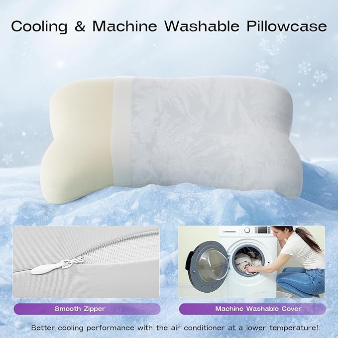 Side Sleeper Neck Pillow for Sleeping - Patented Cervical Neck Pillow with Cooling Cover- High Density Memory Foam Curved Pillows for Adults (Grey)