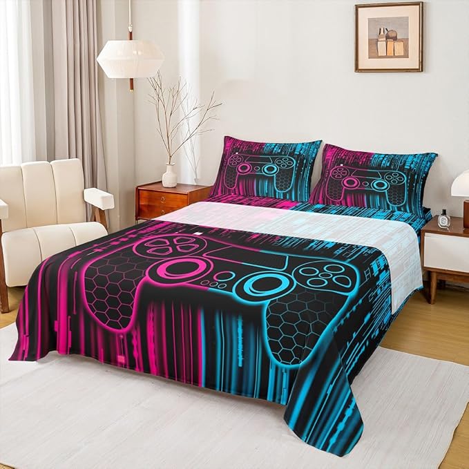 Videogames Gamepad Kids Sheet Full Size,3D Modern Gaming Controller Bedding Set,Boys Girls Room Decor,Neon Honeycomb Hexagon Geometric Pink Blue Bed Sheet Set 4pcs(Fitted + Flat + 2 Pillowcases)