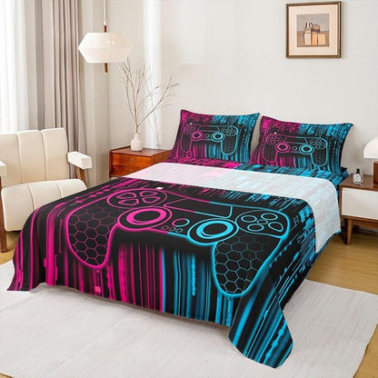 Videogames Gamepad Kids Sheet Full Size,3D Modern Gaming Controller Bedding Set,Boys Girls Room Decor,Neon Honeycomb Hexagon Geometric Pink Blue Bed Sheet Set 4pcs(Fitted + Flat + 2 Pillowcases)