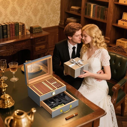 Cigar Humidor Box - Spanish Cedar Small Table Top Humidors for 20-50 Cigars with Accessories and Humidifier - Storage Drawer - Stylish Desktop Cigar Holder for Men - Portable Travel Case Light Gray