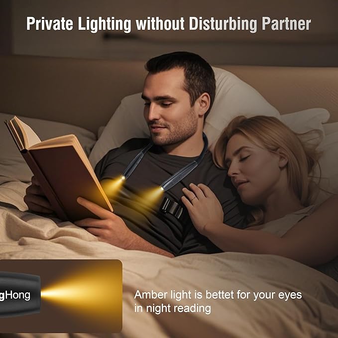 LED Neck Book Light Reading Lamp USB Rechargeable, Lighter Weight,Hands Free, Each 3 Colors with 3 Brightness, 80-hr Lasting Rechargeable Lamp,Perfect for Reading in Bed (Grey).