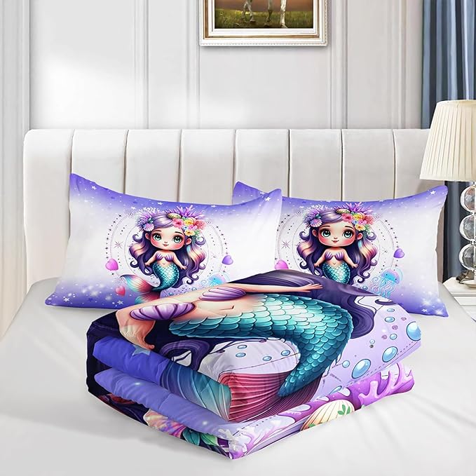 Cute Mermaid Pattern Twin Comforter Set,Star Jellyfish Ocean Themed Bedding Sets for Kids Toddlers Girls Boys Room Decor,Princess Bedding with 2 Pillowcases.