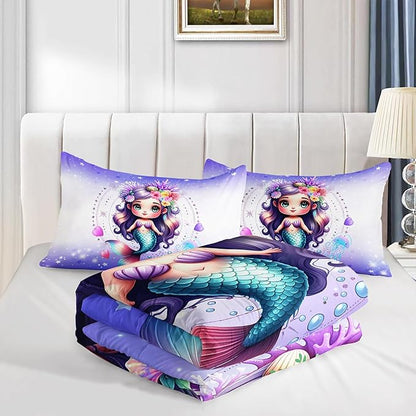 Cute Mermaid Pattern Full Comforter Set,Star Jellyfish Ocean Themed Bedding Sets for Kids Toddlers Girls Boys Room Decor,Princess Bedding with 2 Pillowcases.