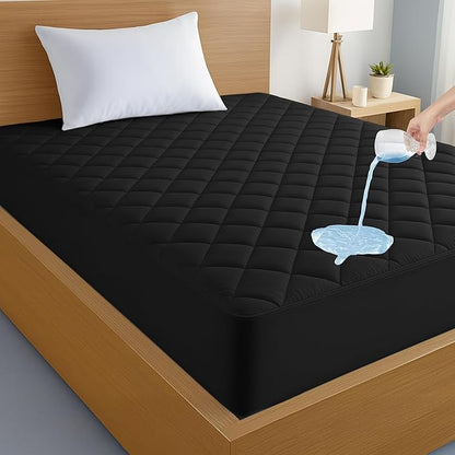 LUX Décor Twin Mattress Pad - Quilted Elastic Fitted Mattress Cover Protector Upto 16 Inches Deep Pocket - Soft Breathable Noiseless Mattress Topper (Black “39 X 75”)
