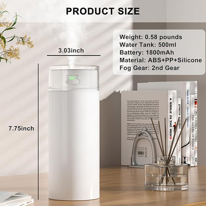 Portable Bedroom Humidifier, Rechargeable Car Mounted Humidifier, 500ml Thick Fog Timed Colorful Cup Humidifiers, Suitable for Small Air Humidifierss in Bedrooms, Cars, Offices & Travel (White)