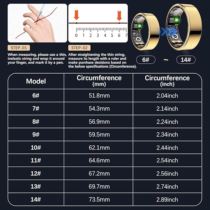 Ring Health Tracker for Women Men, Fitness Ring with Heart Rate,Blood Oxygen,Sleep Monitor,Calories, Step Counter, IP68 Waterproof Smart Ring for iPhone & Android, No Subscription Fee (Gold, 12#)