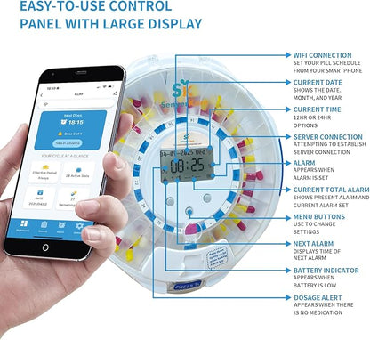 28-Day Smart WiFi Automatic Pill Dispenser w/Sound & Light & App Alerts for Elderly & Alzheimer’s Care, Up to 9 Alarms/Day, Medication Organizer with Lock for Prescriptions & More, Clear