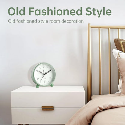 Analog Alarm Clock, 4 inch Super Silent Non Ticking Small Clock with Night Light, Battery Operated, Simple Design, Old Fashioned Style Ideal Decor, for Bedroom, Bedside, Desk, Adult, Kid, Gift, Green