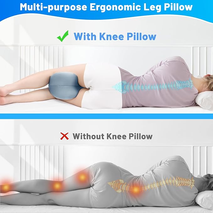 Knee Pillow for Side Sleepers, Leg Pillow with Washable Cover, Memory Foam Leg Pillow for Side Sleeping, Heart-Shape Cushion for Hip, Back & Sciatica Pain Relief, Light Blue