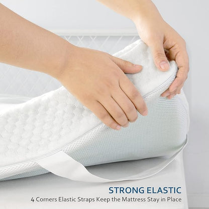 Queen Size Mattress Topper Cover, 1-2 Inch Zippered Viscose Made From Bamboo Foam, Removable Protector With Straps, Memory Foam