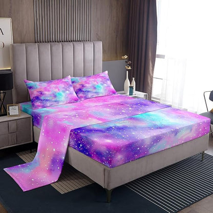 Manfei Galaxy Kids Sheet Set Full Size, Pink Purple Blue Starry Bed Sheet Set 4pcs (Fitted Sheet, Flat Sheet, 2 Pillowcases), Outer Space Theme Bedding Set for Boys Girls Teens Bedroom Decor