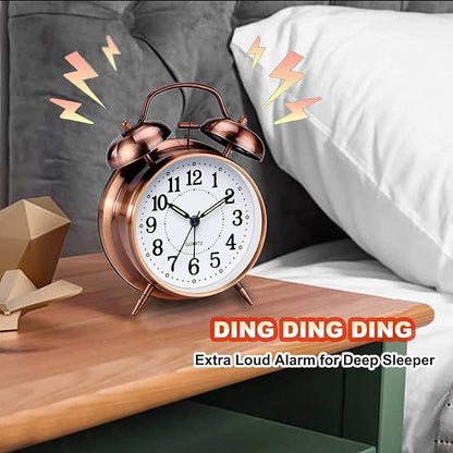 Loud Alarm Clock for Heavy Sleepers Adults, Metal 4 Inches Twin Bell Battery Operated Alarm Clocks for Bedrooms Decoration, Silent Non-Ticking, Back-to-School Gift (Red Brown)