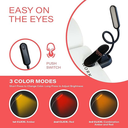 hooga Amber Book Light, Blue Light Blocking - Dual Mode Rechargeable Night Reading Light, 1600K Amber and 625nm Red for Reading in Bed at Night. Gift for Students, Kids, Travel, Study.