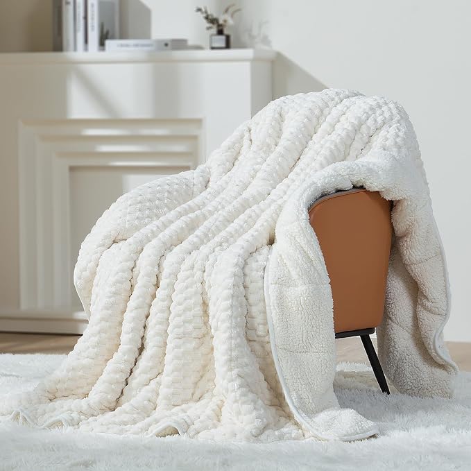 Super Soft Luxury Fleece Sherpa 20 lbs Weighted Blanket for Adults, Turtle Shell Fuzzy Cozy Warm Weighted Throw for Winter, Ceramic Beads Washable Heavy Blankets for Couch Bed, Cream White, 60" x 80"