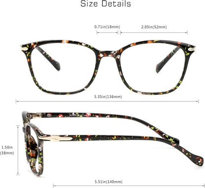 VisionGlobal Blue Light Blocking Glasses for Women, Anti Eyestrain, Computer Reading, TV Glasses, Stylish Square Frame, Anti Glare(Floral,+1.50 Magnification)