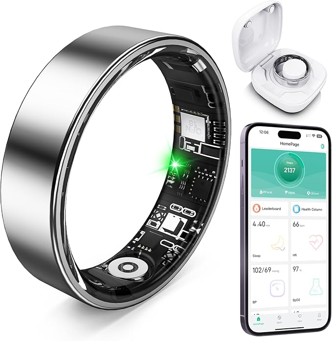 Smart Ring with Sleep Monitoring, Step Counting, Heart Rate, Blood Oxygen for iOS and Android, No Subscription Fee, IP68 Waterproof Health Tracker (Silver, 9)