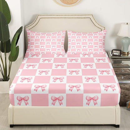 Princess Bowknots Fitted Sheet Set with 2 Pillowcase,Pink Bow-tie Dreamy Bow Girlish Microfiber Mattress Cover,Geometric Grids Plaids Patchwork Pink White Bed Cover Queen Size