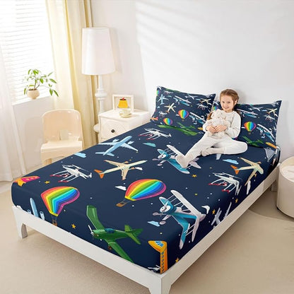 Airplanes Kids Twin Size Fitted Sheet,Star Rainbow Hot Air Balloon Boys Girls Bed Sheets,Clouds Cartoon Aircraft Room Decor,Dark Blue Bedding Set,1 Pillowcase(No Flat)