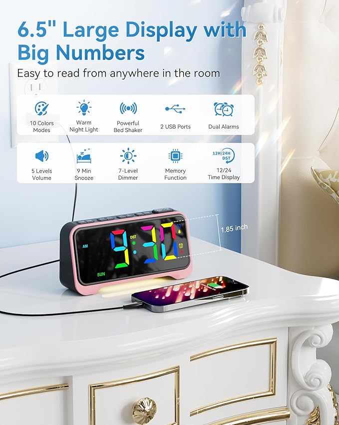 Kids Alarm Clock, Digital Alarm Clocks for Bedrooms, RGB Electric Desk Clock with Night Light, Dual Alarm, Adjustable Volume, Snooze, USB Charger, Dimmable Bedside Digital Clock for Teens, Girls