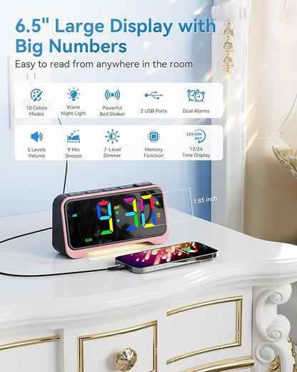 Kids Alarm Clock, Digital Alarm Clocks for Bedrooms, RGB Electric Desk Clock with Night Light, Dual Alarm, Adjustable Volume, Snooze, USB Charger, Dimmable Bedside Digital Clock for Teens, Girls