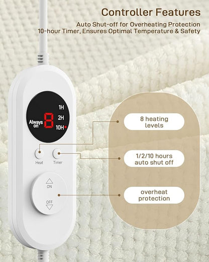 Heated Mattress Pad Queen Size - Electric Mattress Pad with Dual Control, Soft Blanket, Bed Warmer Heater Sheets, 8 Heating Settings,1/2/10 Hours Auto Shut Off, 60" x 80" Cream