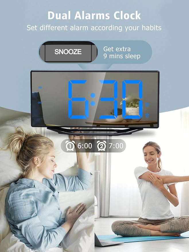 Alarm Clock for Bedroom,8.7"Big Display Digital LED Mirror Clock with 2 Alarms,Adjustable Dimmer&Volume,USB Phone Charger,Plug in Loud Basic Alarm Clock for Deep Sleeper Adult Kid Senior Teen Boy Girl