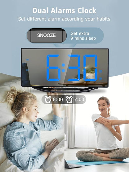 Alarm Clock for Bedroom,8.7"Big Display Digital LED Mirror Clock with 2 Alarms,Adjustable Dimmer&Volume,USB Phone Charger,Plug in Loud Basic Alarm Clock for Deep Sleeper Adult Kid Senior Teen Boy Girl