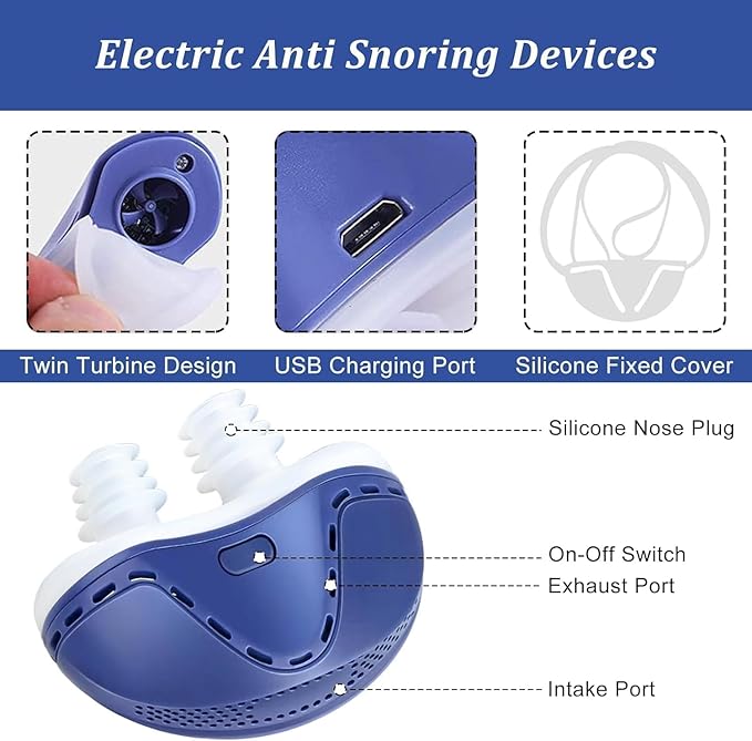 Anti Snoring Devices, Electric Anti Snoring Device, Effective Snoring Prevention, Sleep Apnea Devices for Men and Women, Adjustable Wind Speed, Suitable for All Nose Shapes, Blue