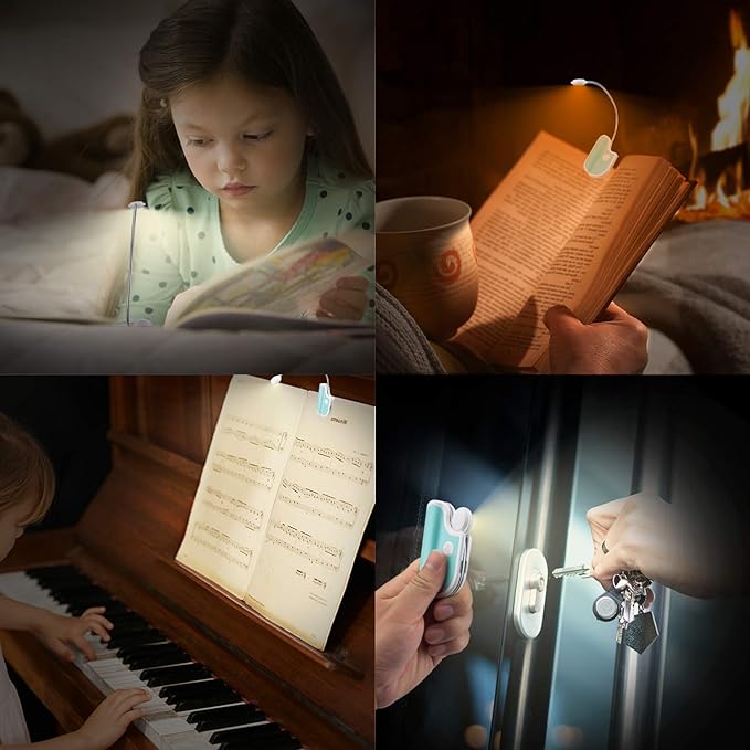 Amber Book Light - Clip On, 2 Modes, Blue Light Blocking for Eye Care, Small Bookmark Light for Kids - White