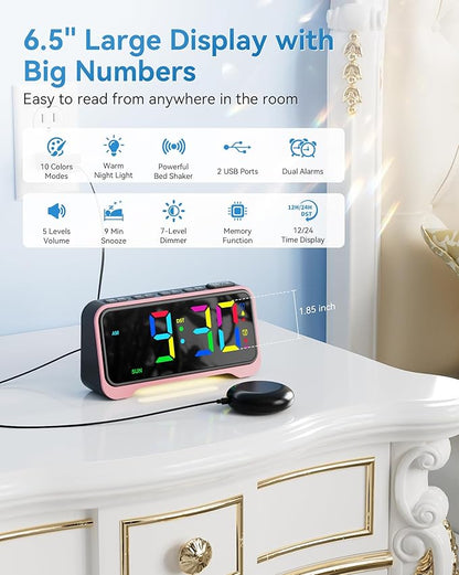 Loud Alarm Clock for Heavy Sleepers Adults, Bed Shaker Alarm Clock with 10-Color Modes/Night Light/USB Charger/7 Dimmer/Battery Backup, Vibrating Alarm Clocks for Hearing Impaired Deaf, Kids, Teens