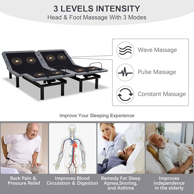 Split King Adjustable Beds with Thickened Frame, Adjustable Bed Frame with with Wireless Remote, Separate Head/Foot Lift, Massage, Zero Gravity,USB Ports, Adjustable Bed Bases with Sturdy Metal