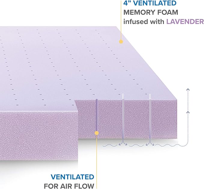 Mellow 4 Inch Ventilated Memory Foam Mattress Topper, Soothing Lavender Infusion, CertiPUR-US Certified, Twin XL