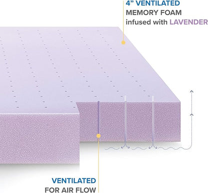 Mellow 4 Inch Ventilated Memory Foam Mattress Topper, Soothing Lavender Infusion, CertiPUR-US Certified, Twin XL