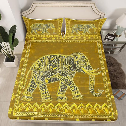 Manfei Indian Pattern Kids Sheet Full Size,Native American Indian Style Bedding Set,Boys Girls Room Decor,Exotic Elephant Bohemia Golden Trippy Boho Bed Sheet Set 4pcs(Fitted + Flat + 2 Pillowcases)
