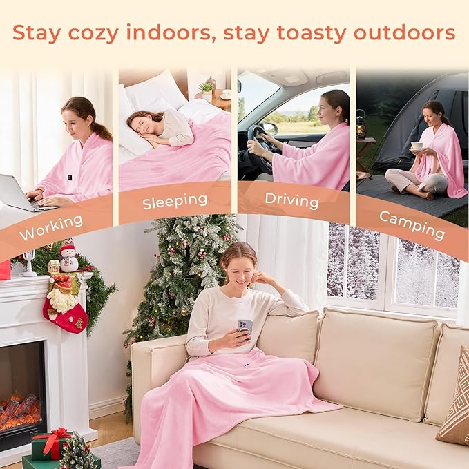 JOLLYVOGUE USB Heated Blanket Throw, Wearable & Portable Heating Electric Blanket for Adults, 3 Levels & 8 Heating Zone Shawl for Indoor & Outdoor, Pink (Battery Not Included)