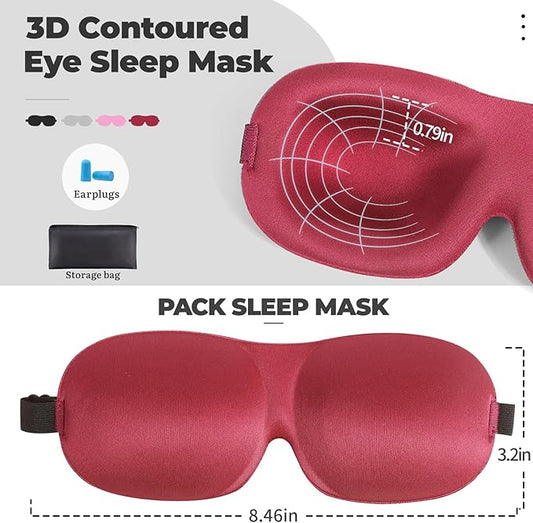 4 Pack Sleep Mask for Women and Men Adjustable Blackout 3D Eye Masks for Sleep, Blindfold with Storage Bag and Earplug for Travel Nap and Night (Black, Purple, Blue, Pink)