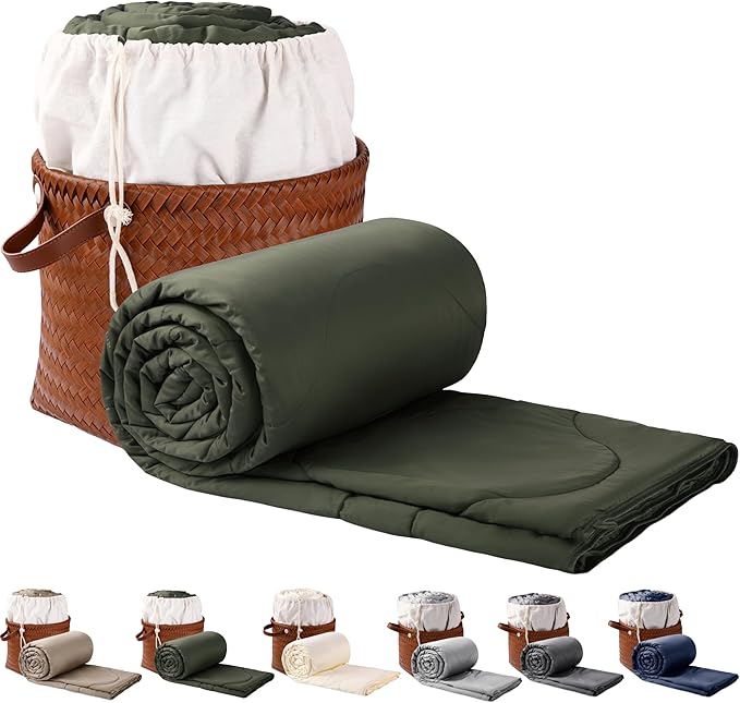 Silk Comforter Queen Size | 100% Mulberry Silk Fill with Organic Bamboo Viscose Shell | Summer Cooling Blanket for Hot Sleepers, Lightweight Breathable All-Season Bedding (Olive, 90"x90")